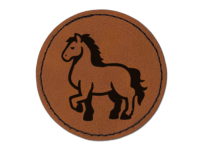 Majestic Standing Horse Round Iron-On Engraved Faux Leather Patch Applique - 2.5"