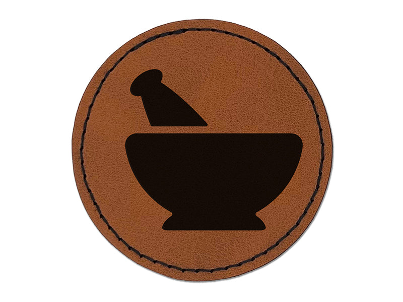 Mortar and Pestle Pharmacy Alchemy Icon Round Iron-On Engraved Faux Leather Patch Applique - 2.5"