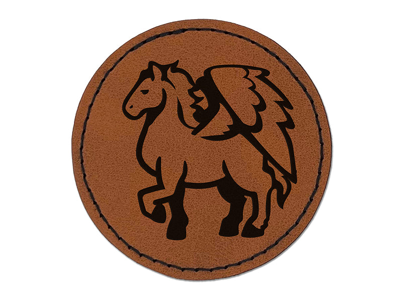 Mythical Winged Horse Pegasus Round Iron-On Engraved Faux Leather Patch Applique - 2.5"