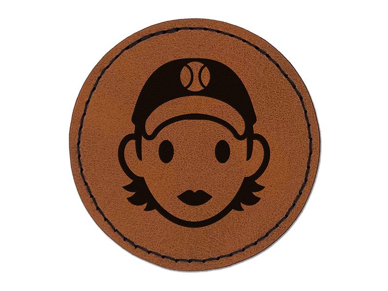 Occupation Athlete Softball Woman Icon Round Iron-On Engraved Faux Leather Patch Applique - 2.5"