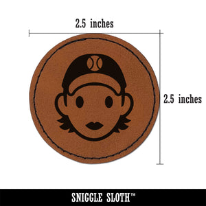 Occupation Athlete Softball Woman Icon Round Iron-On Engraved Faux Leather Patch Applique - 2.5"