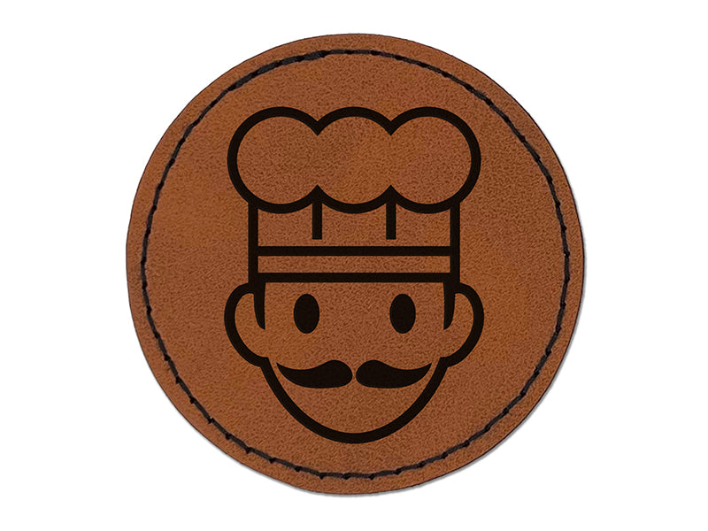 Occupation Chef Cook Man Icon Round Iron-On Engraved Faux Leather Patch Applique - 2.5"