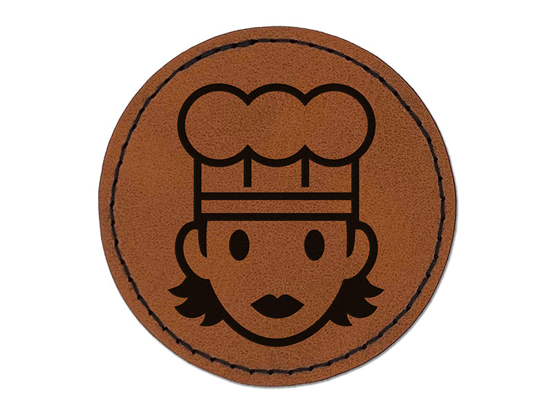 Occupation Chef Cook Woman Icon Round Iron-On Engraved Faux Leather Patch Applique - 2.5"
