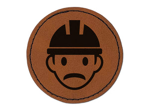 Occupation Construction Worker Builder Man Icon Round Iron-On Engraved Faux Leather Patch Applique - 2.5"