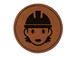 Occupation Construction Worker Builder Woman Icon Round Iron-On Engraved Faux Leather Patch Applique - 2.5"