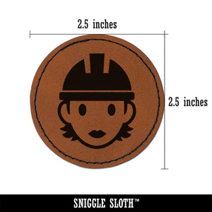 Occupation Construction Worker Builder Woman Icon Round Iron-On Engraved Faux Leather Patch Applique - 2.5"