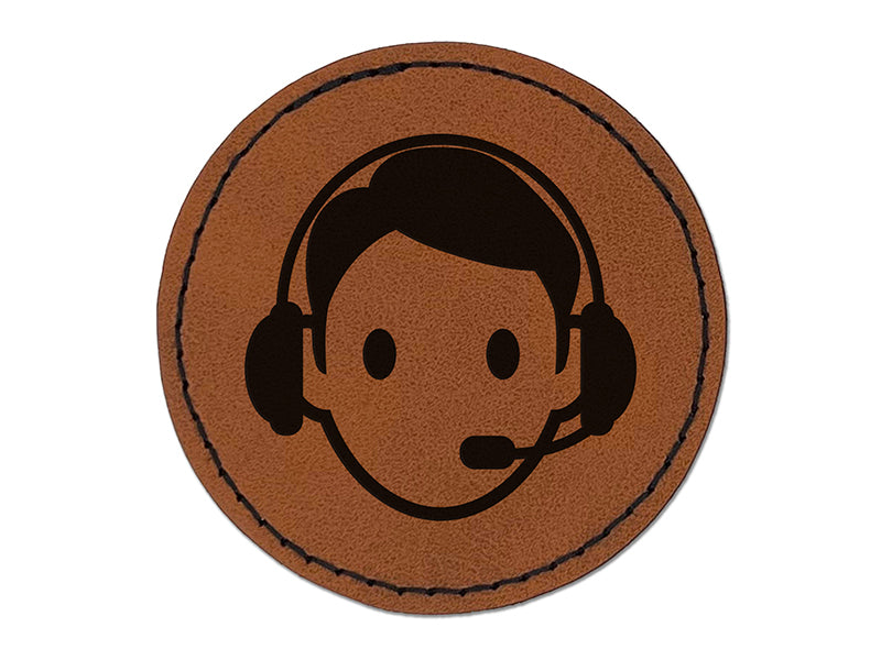 Occupation Customer Service Man Icon Round Iron-On Engraved Faux Leather Patch Applique - 2.5"