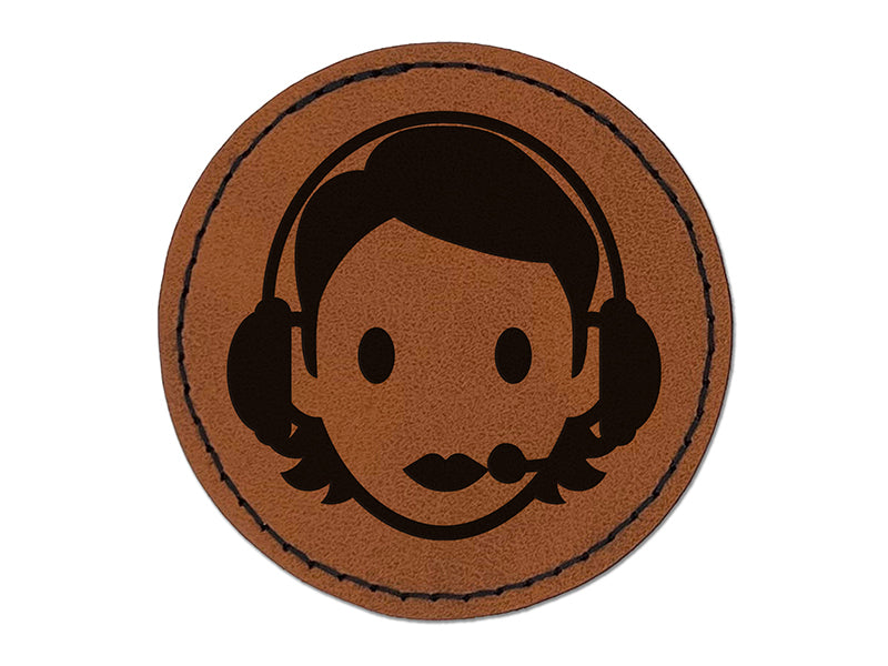 Occupation Customer Service Woman Icon Round Iron-On Engraved Faux Leather Patch Applique - 2.5"