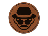 Occupation Detective Private Investigator Icon Round Iron-On Engraved Faux Leather Patch Applique - 2.5"