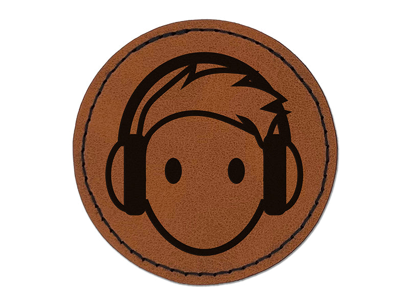 Occupation DJ with Headphones Icon Round Iron-On Engraved Faux Leather Patch Applique - 2.5"