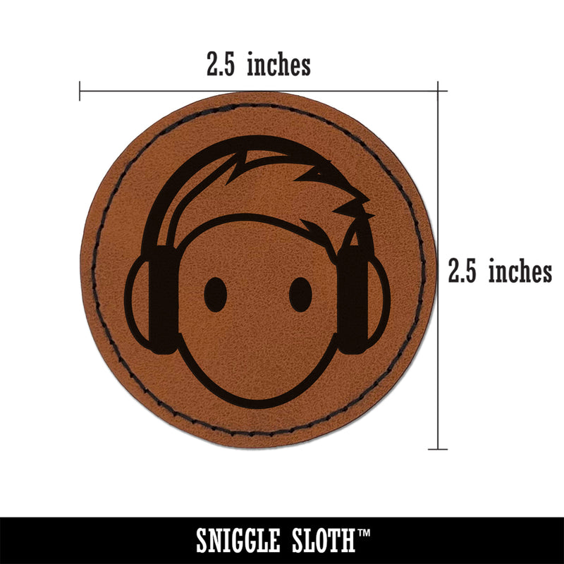 Occupation DJ with Headphones Icon Round Iron-On Engraved Faux Leather Patch Applique - 2.5"