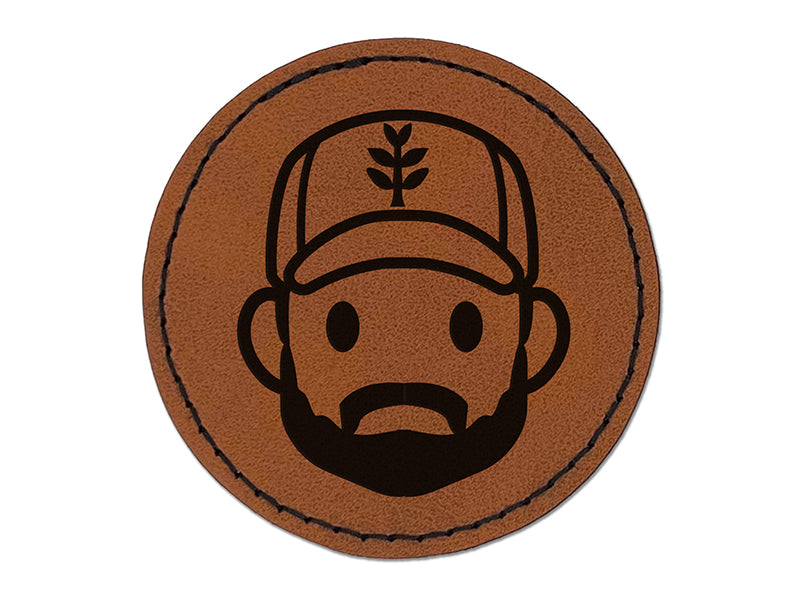 Occupation Farmer Cap Man Icon Round Iron-On Engraved Faux Leather Patch Applique - 2.5"