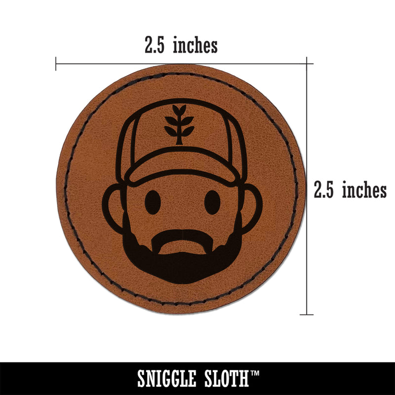 Occupation Farmer Cap Man Icon Round Iron-On Engraved Faux Leather Patch Applique - 2.5"