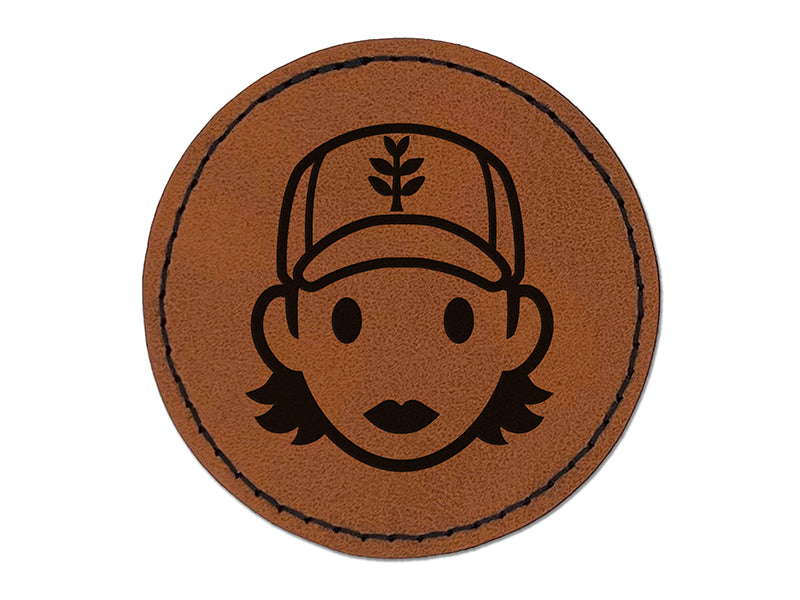 Occupation Farmer Cap Woman Icon Round Iron-On Engraved Faux Leather Patch Applique - 2.5"