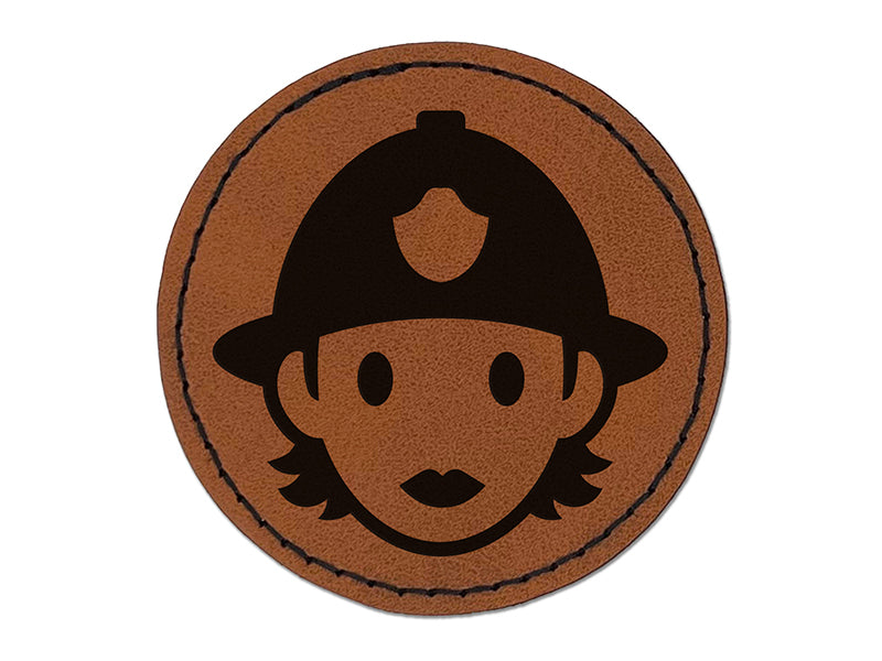 Occupation Firefighter Fire Woman Icon Round Iron-On Engraved Faux Leather Patch Applique - 2.5"