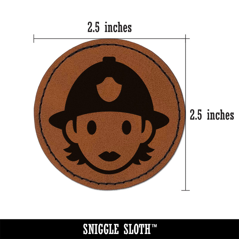 Occupation Firefighter Fire Woman Icon Round Iron-On Engraved Faux Leather Patch Applique - 2.5"