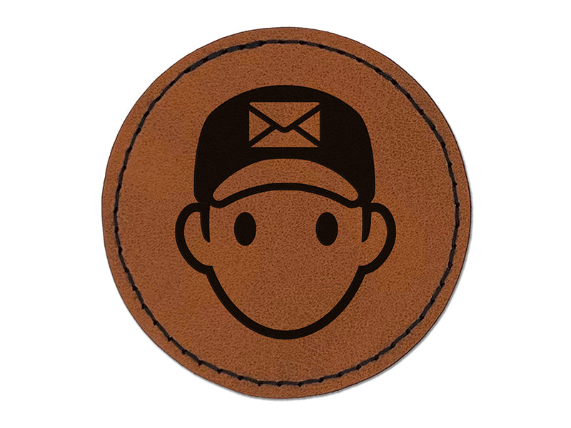 Occupation Mail Delivery Man Icon Round Iron-On Engraved Faux Leather Patch Applique - 2.5"