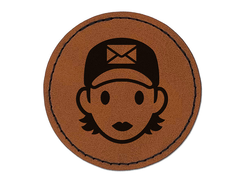 Occupation Mail Delivery Woman Icon Round Iron-On Engraved Faux Leather Patch Applique - 2.5"