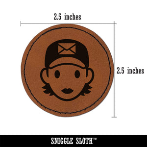 Occupation Mail Delivery Woman Icon Round Iron-On Engraved Faux Leather Patch Applique - 2.5"