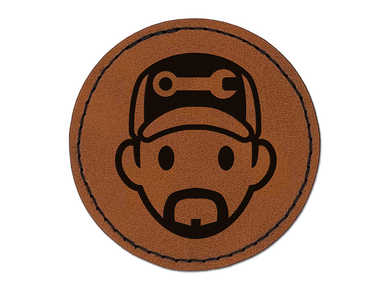 Occupation Mechanic Engineer Man Icon Round Iron-On Engraved Faux Leather Patch Applique - 2.5"