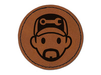 Occupation Mechanic Engineer Man Icon Round Iron-On Engraved Faux Leather Patch Applique - 2.5"