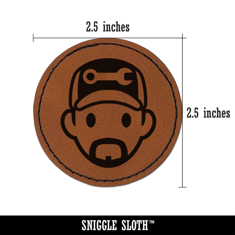 Occupation Mechanic Engineer Man Icon Round Iron-On Engraved Faux Leather Patch Applique - 2.5"