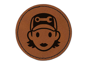 Occupation Mechanic Engineer Woman Icon Round Iron-On Engraved Faux Leather Patch Applique - 2.5"