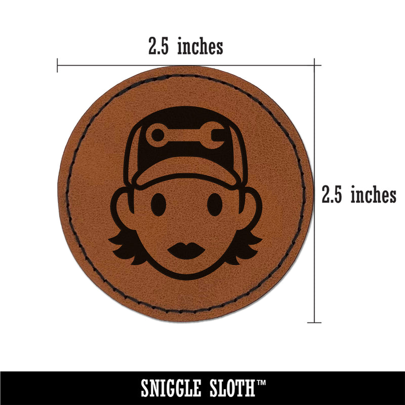 Occupation Mechanic Engineer Woman Icon Round Iron-On Engraved Faux Leather Patch Applique - 2.5"