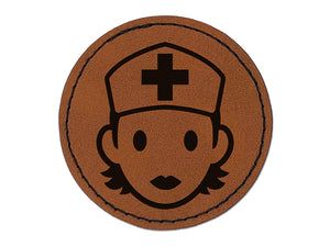 Occupation Medical Nurse Woman Icon Round Iron-On Engraved Faux Leather Patch Applique - 2.5"
