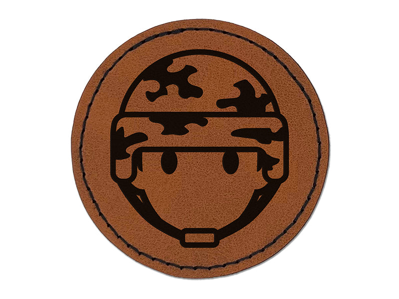 Occupation Military Soldier Icon Round Iron-On Engraved Faux Leather Patch Applique - 2.5"