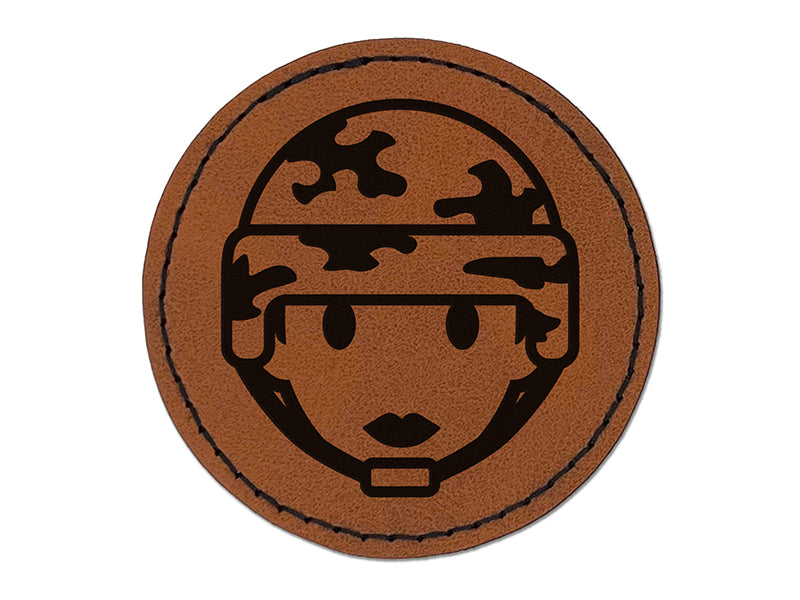 Occupation Military Soldier Woman Icon Round Iron-On Engraved Faux Leather Patch Applique - 2.5"