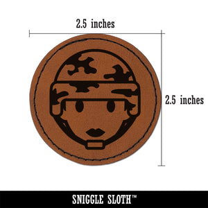 Occupation Military Soldier Woman Icon Round Iron-On Engraved Faux Leather Patch Applique - 2.5"