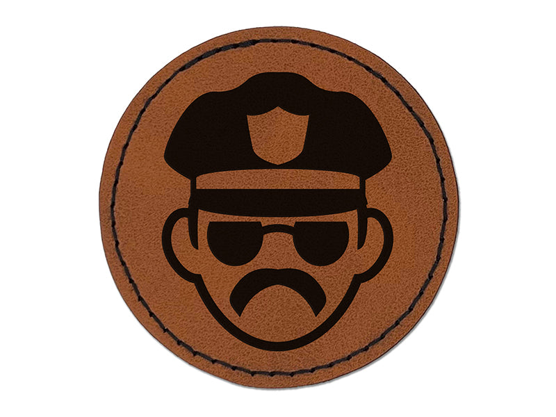 Occupation Police Officer Man Icon Round Iron-On Engraved Faux Leather Patch Applique - 2.5"