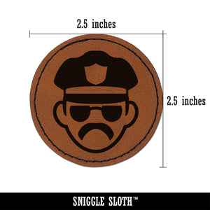 Occupation Police Officer Man Icon Round Iron-On Engraved Faux Leather Patch Applique - 2.5"