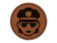 Occupation Police Officer Woman Icon Round Iron-On Engraved Faux Leather Patch Applique - 2.5"