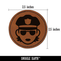 Occupation Police Officer Woman Icon Round Iron-On Engraved Faux Leather Patch Applique - 2.5"