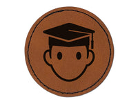 Occupation Student Graduate Cap Graduation Icon Round Iron-On Engraved Faux Leather Patch Applique - 2.5"