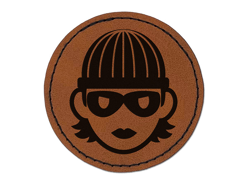 Occupation Thief Burglar Criminal Woman Icon Round Iron-On Engraved Faux Leather Patch Applique - 2.5"