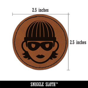 Occupation Thief Burglar Criminal Woman Icon Round Iron-On Engraved Faux Leather Patch Applique - 2.5"