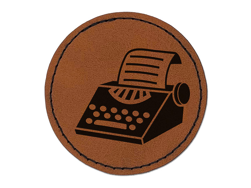 Old Typewriter Icon for Novels Books and Letters Round Iron-On Engraved Faux Leather Patch Applique - 2.5"