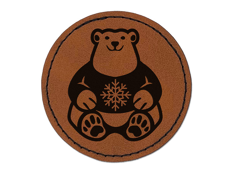 Polar Bear in Snowflake Christmas Sweater Round Iron-On Engraved Faux Leather Patch Applique - 2.5"