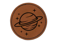 Saturn Planet with Rings and Stars Round Iron-On Engraved Faux Leather Patch Applique - 2.5"