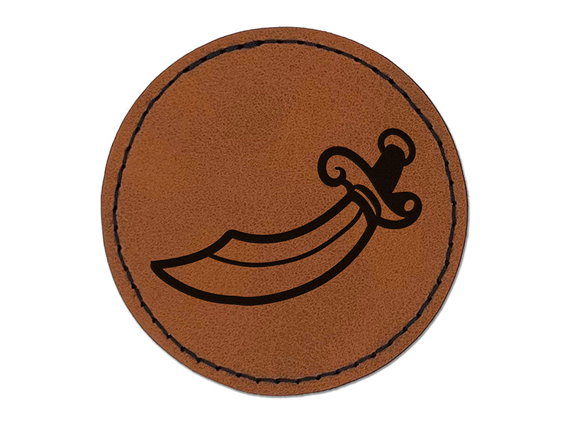 Scimitar Curved Pirate Sword Round Iron-On Engraved Faux Leather Patch Applique - 2.5"