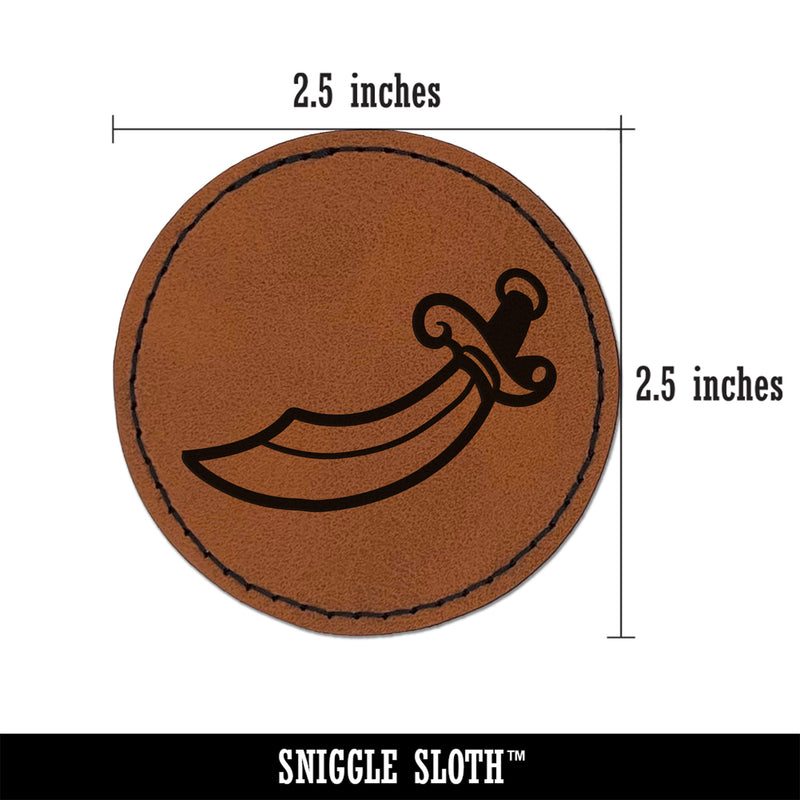 Scimitar Curved Pirate Sword Round Iron-On Engraved Faux Leather Patch Applique - 2.5"