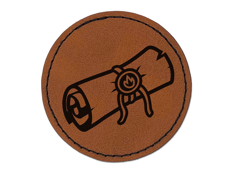 Sealed Magic Spell Scroll Round Iron-On Engraved Faux Leather Patch Applique - 2.5"
