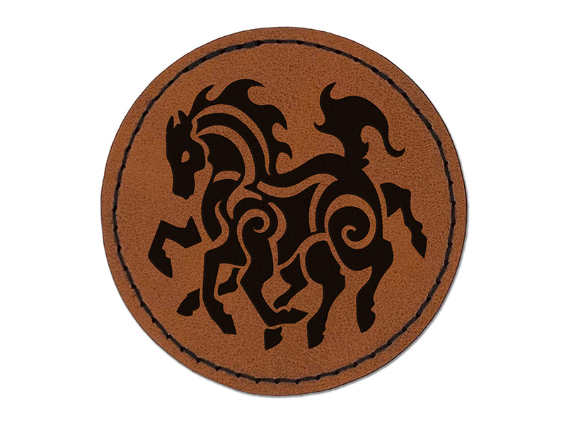 Sleipnir Norse Mythology Eight Legged Horse Round Iron-On Engraved Faux Leather Patch Applique - 2.5"