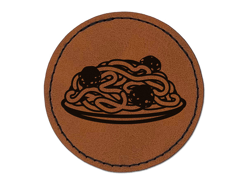 Spaghetti and Meatballs Italian Pasta Round Iron-On Engraved Faux Leather Patch Applique - 2.5"