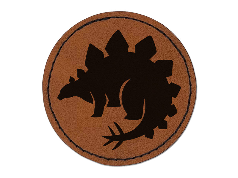 Stegosaurus the Spikey Dinosaur Round Iron-On Engraved Faux Leather Patch Applique - 2.5"