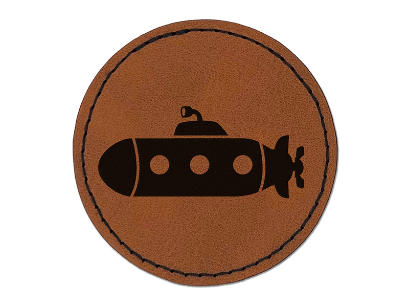 Submarine with Periscope Underwater Vehicle Round Iron-On Engraved Faux Leather Patch Applique - 2.5"