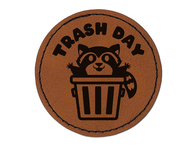 Trash Day Raccoon in Can Round Iron-On Engraved Faux Leather Patch Applique - 2.5"